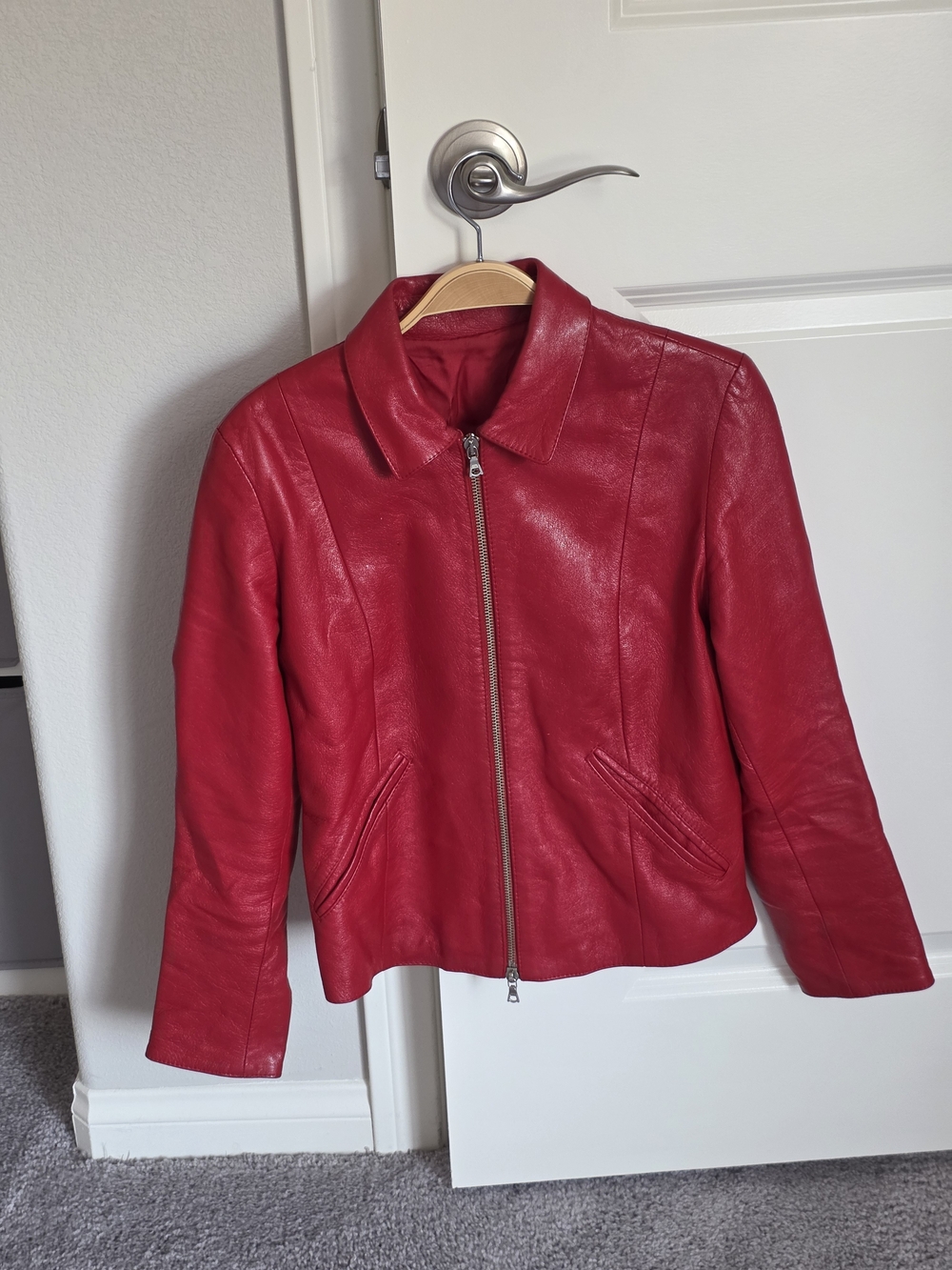 XS Size Red Sheep Skin Leather Zip-Front Women's Jacket